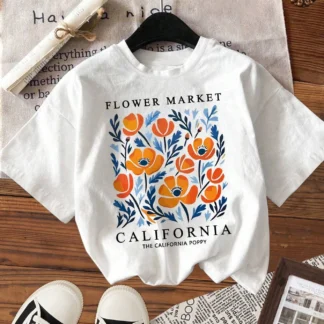 Yellow Flowers Market California Print T-Shirt Woman Soft Cotton Tee Top O-Neck Casual T Shirt Crewneck Sports Short Sleeve