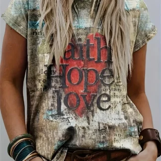 Vintage Print Women's Tee - "Faith Hope Love" & Heart Graphic, Rustic Inspirational Design for Casual Daily Wear