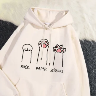 Kawaii Womans Hoodies Rock Paper Scissors Funny Cat Printing Pullover Soft Breathable Loose Sweatshirt Autumn Winter Sportswear